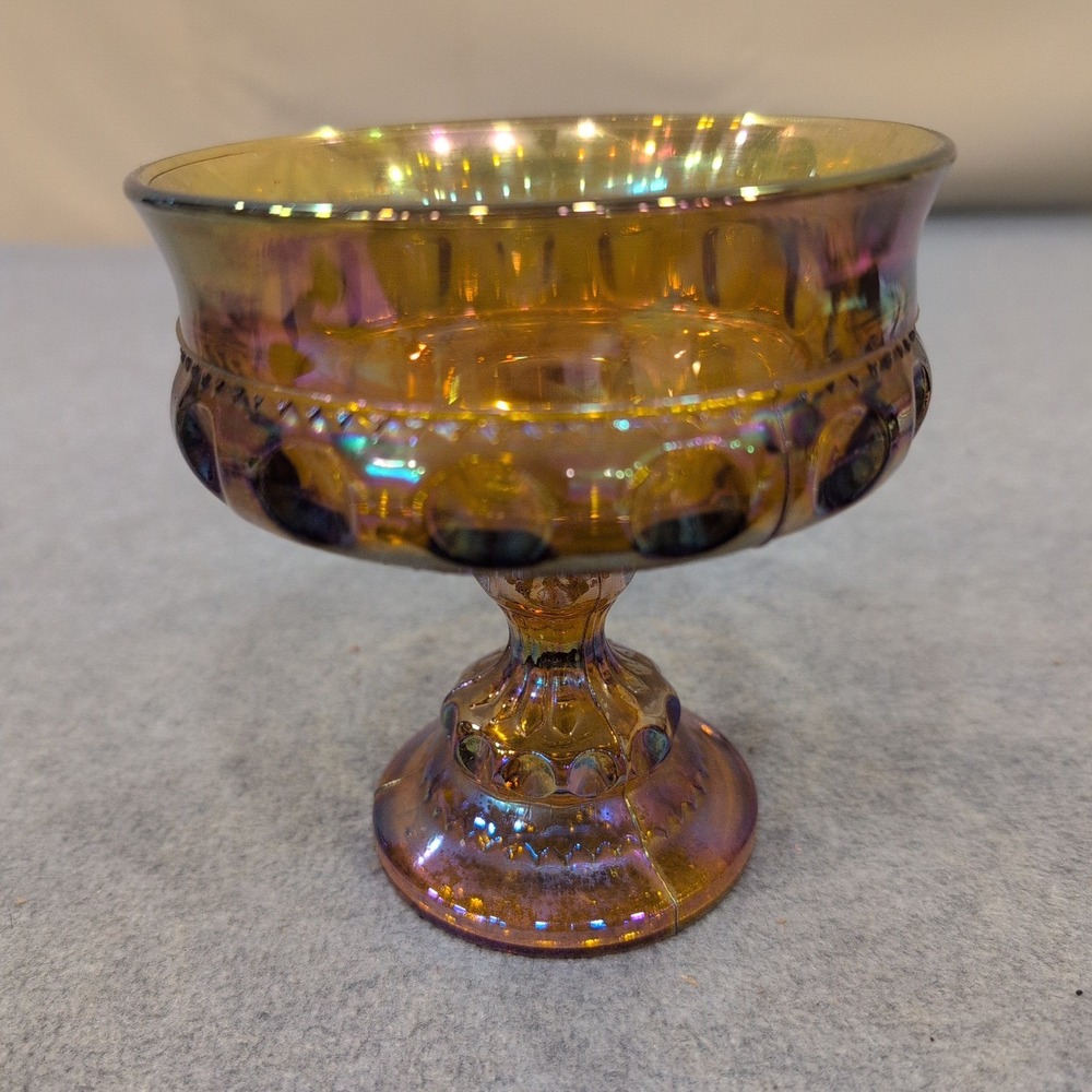 Vintage Indiana Glass Kings Crown Amber Carnival Glass Compote Iridescent Bowl - Picture 1 of 7